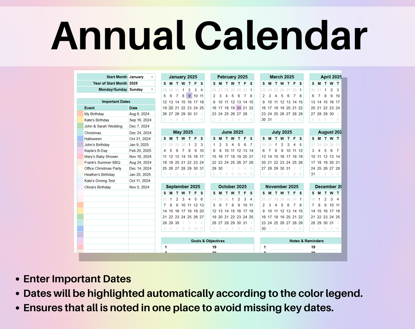 Editable Planner Google Sheets and Excel Digital Planner Template