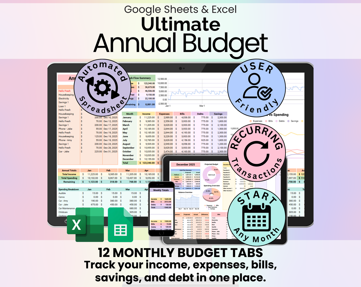 Annual & Monthly Budget Spreadsheet - Google Sheets & Excel Template for Personal Finance