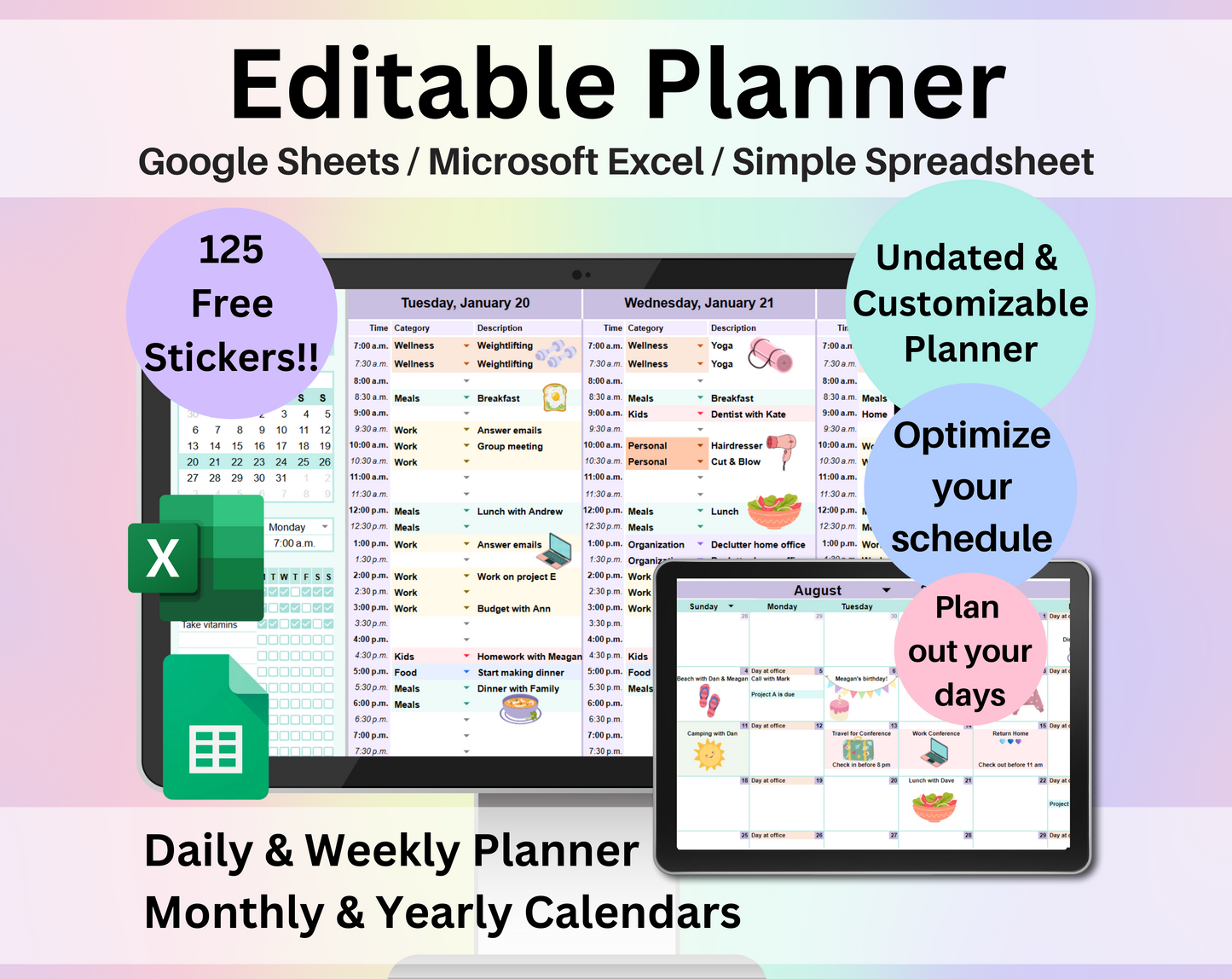 Editable Planner Google Sheets and Excel Digital Planner Template