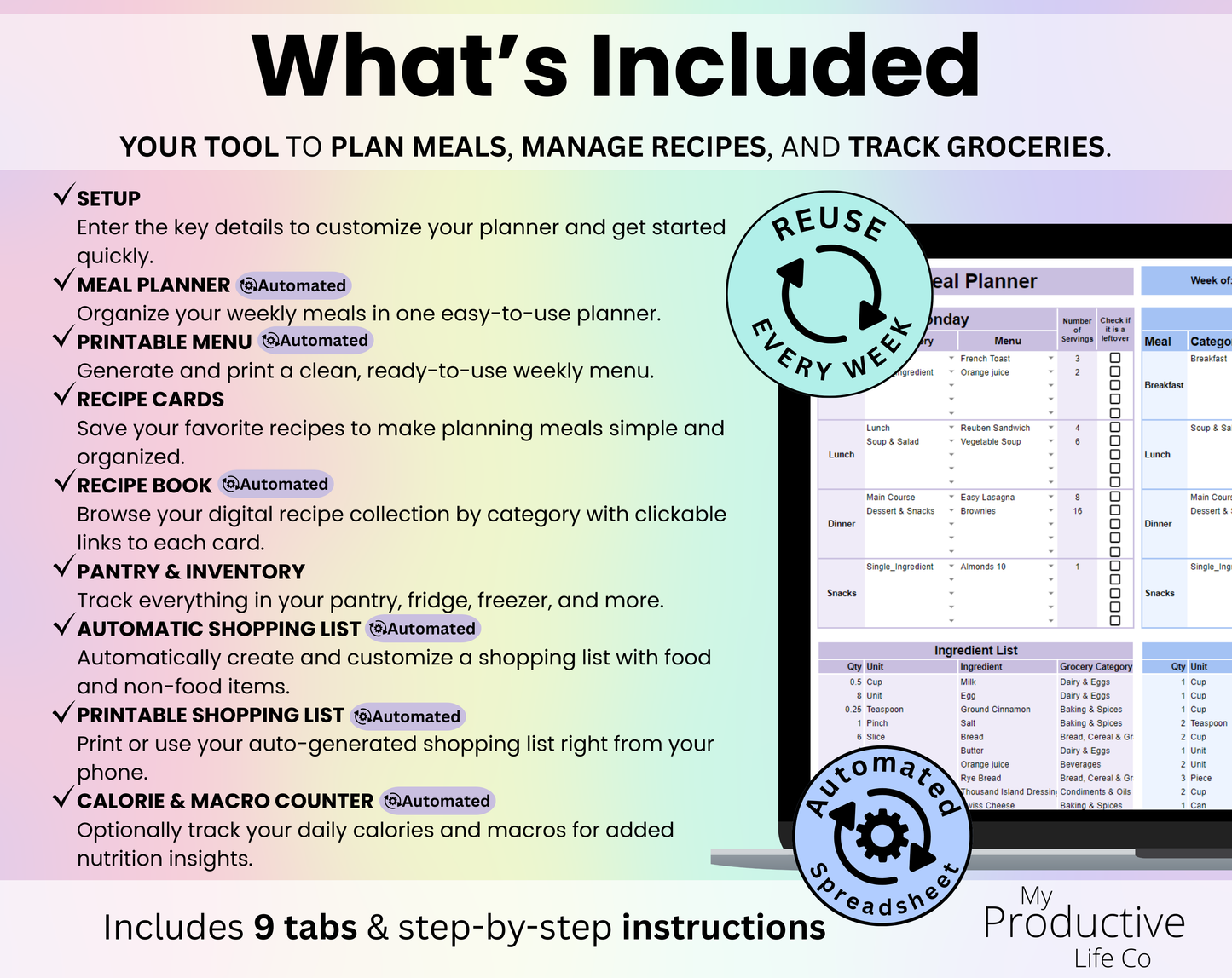 Weekly Meal Planner Spreadsheet Google Sheets and Excel Template