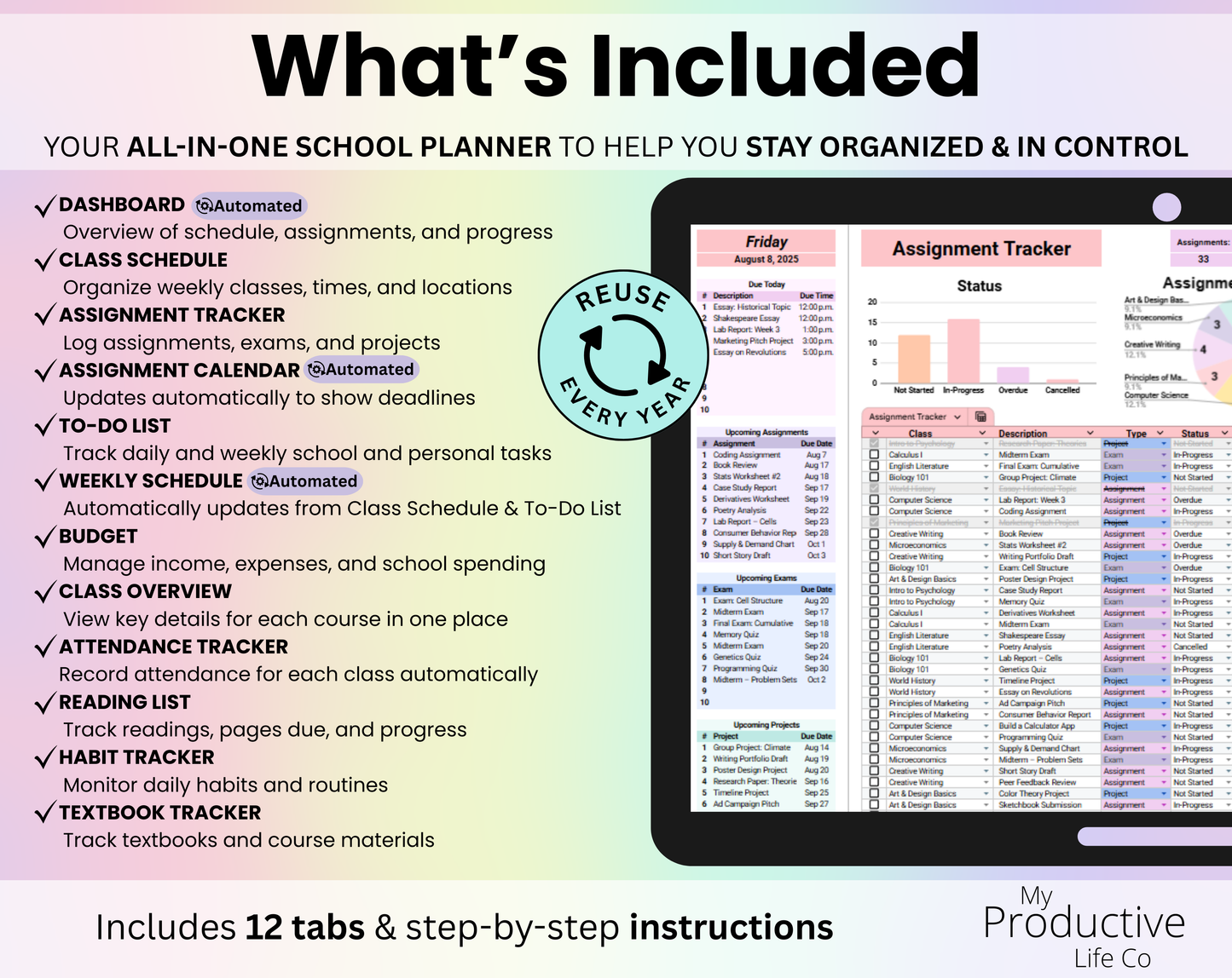 All-in-One Student Planner Google Sheets & Excel Assignment Tracker Template