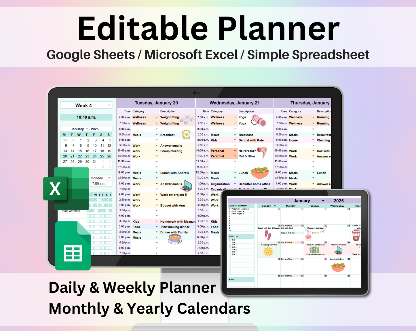 Editable Planner Google Sheets and Excel Digital Planner Template