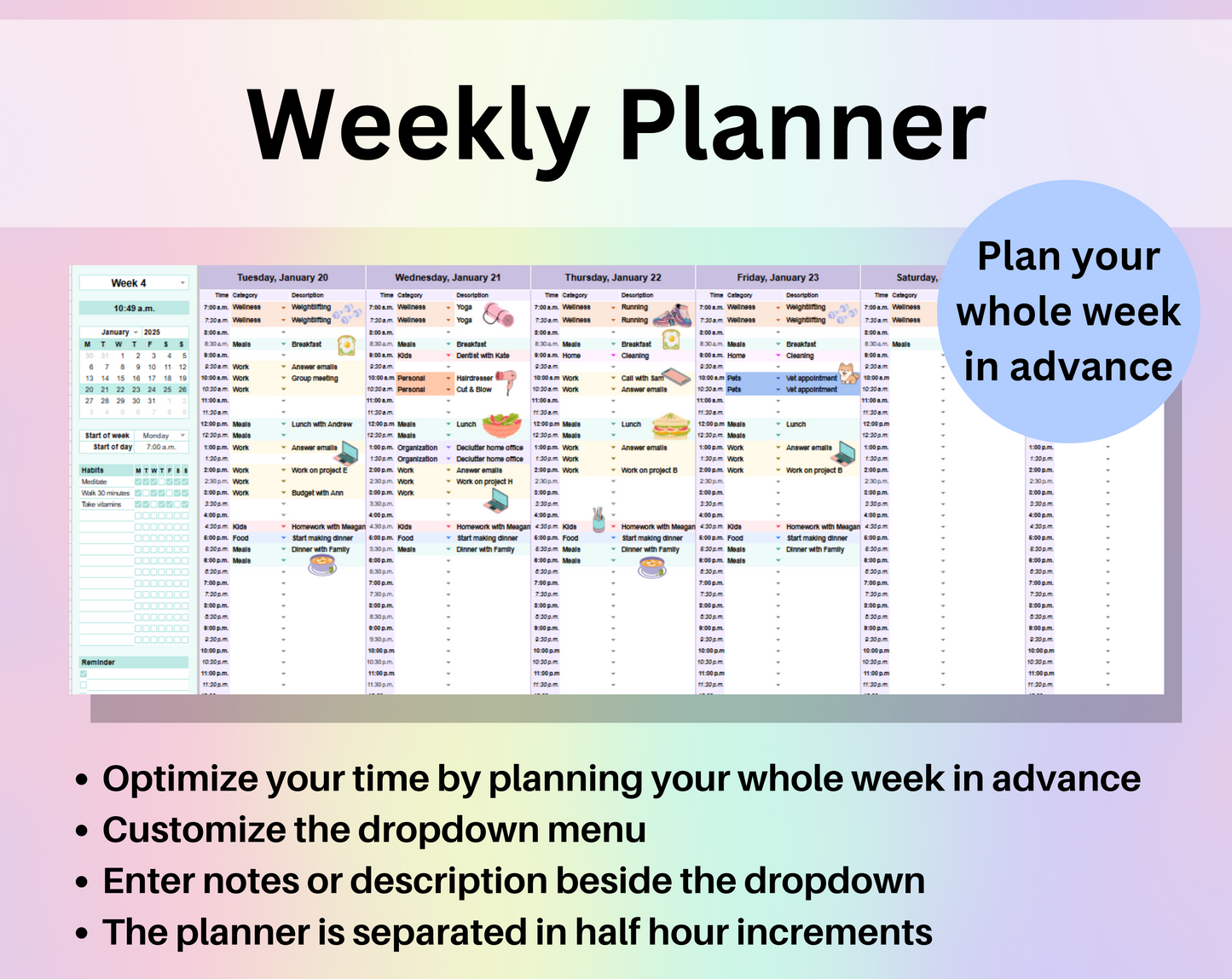 Editable Planner Google Sheets and Excel Digital Planner Template