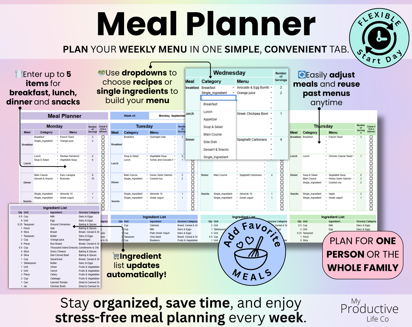 Weekly Meal Planner Spreadsheet Google Sheets and Excel Template
