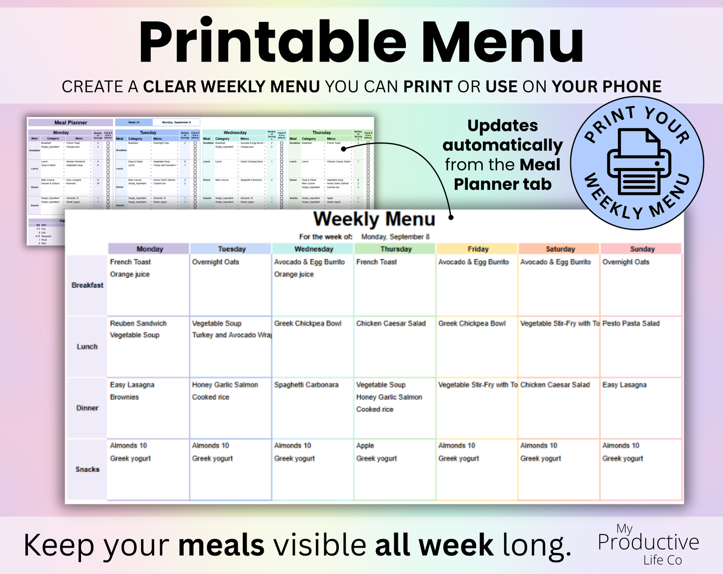 Weekly Meal Planner Spreadsheet Google Sheets and Excel Template