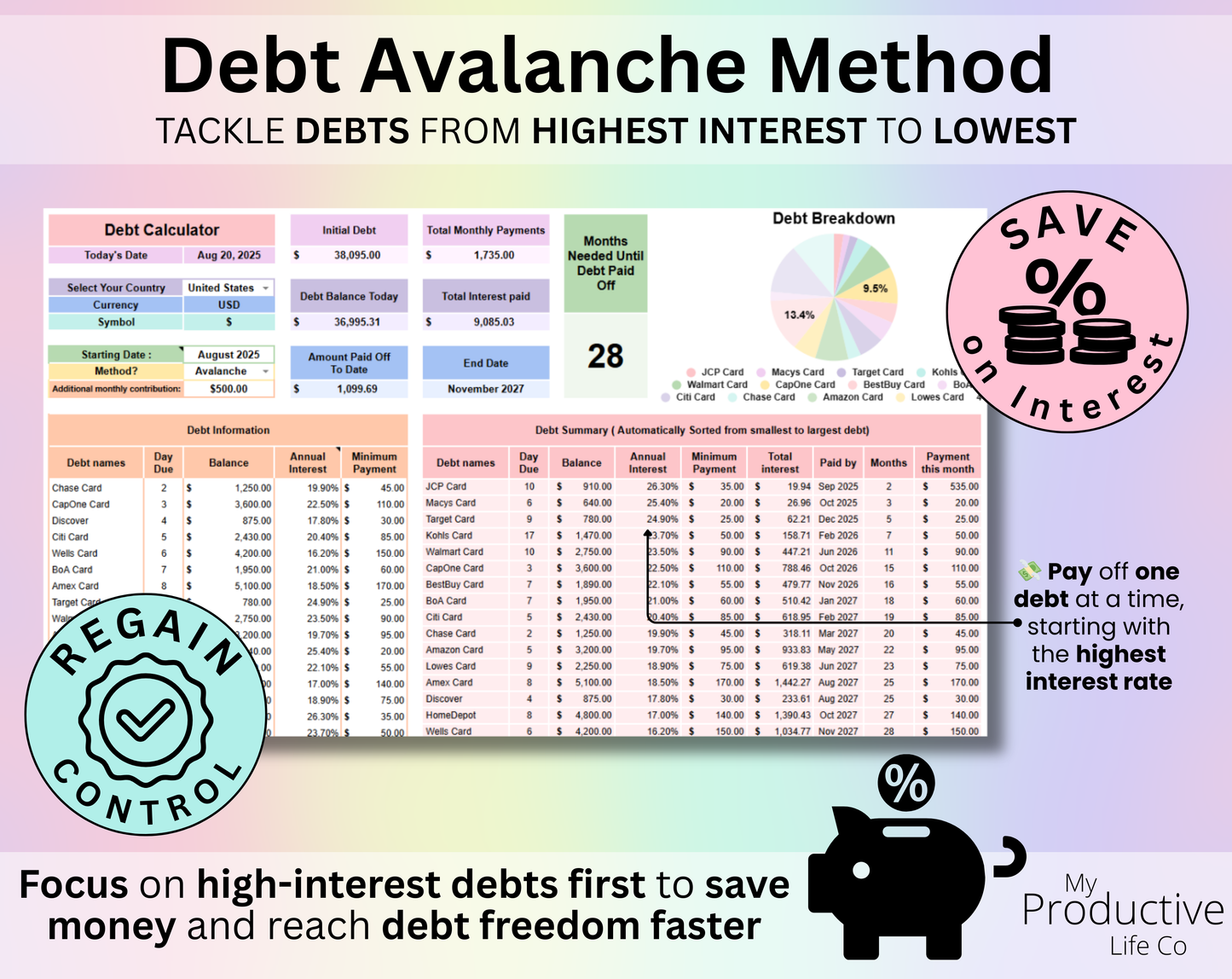 Debt Snowball / Avalanche Calculator Spreadsheet Google Sheets and Excel Template
