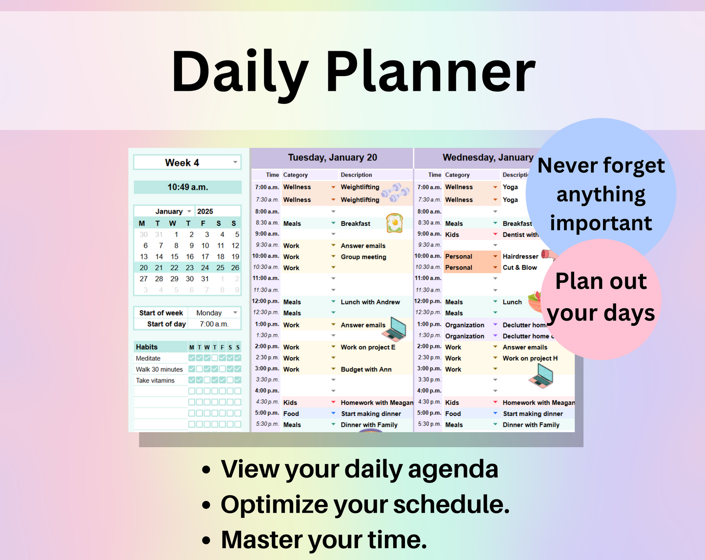 Editable Planner Google Sheets and Excel Digital Planner Template