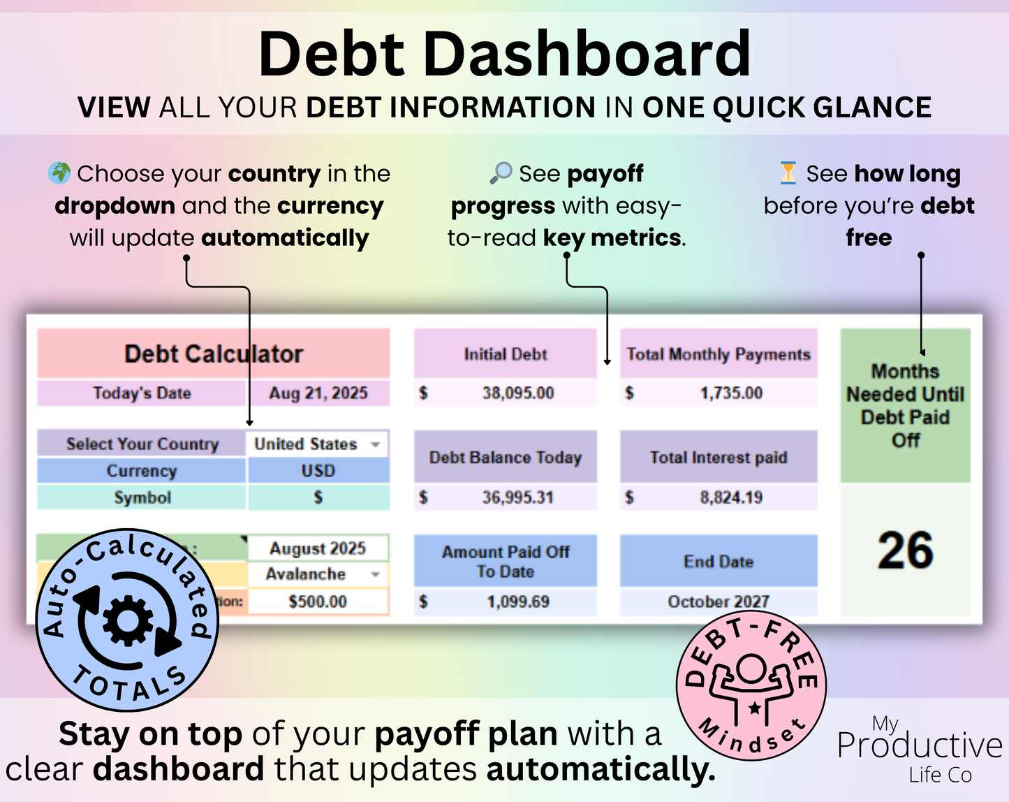 Debt Snowball / Avalanche Calculator Spreadsheet Google Sheets and Excel Template