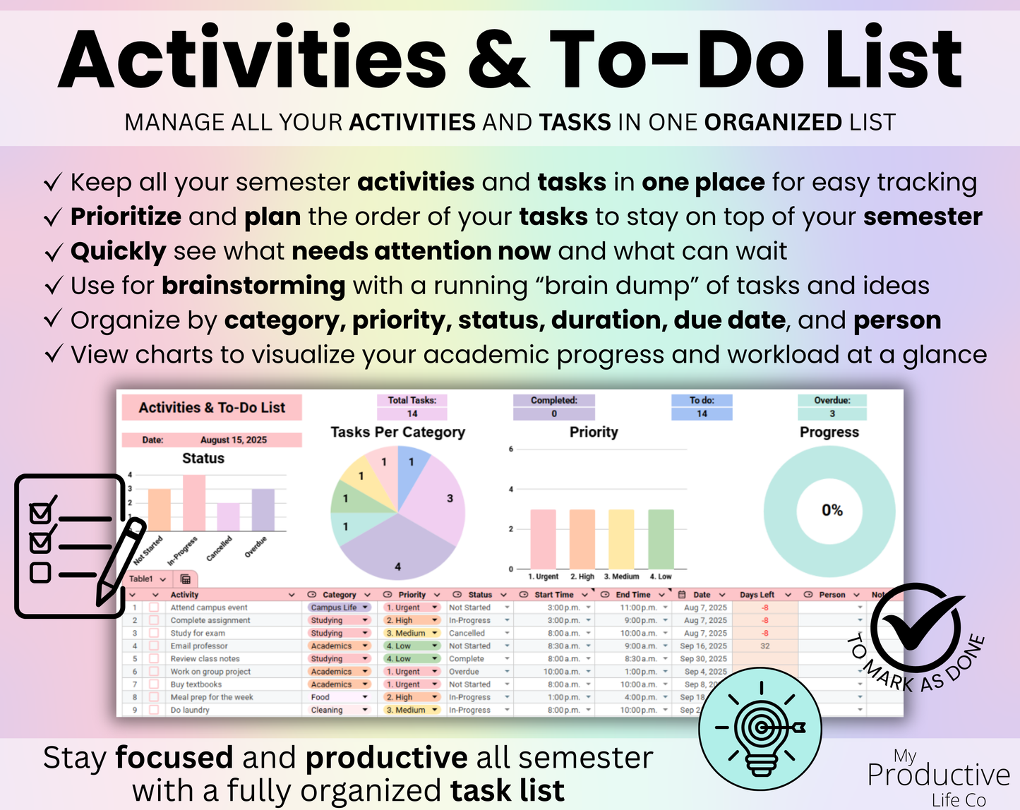 All-in-One Student Planner Google Sheets & Excel Assignment Tracker Template