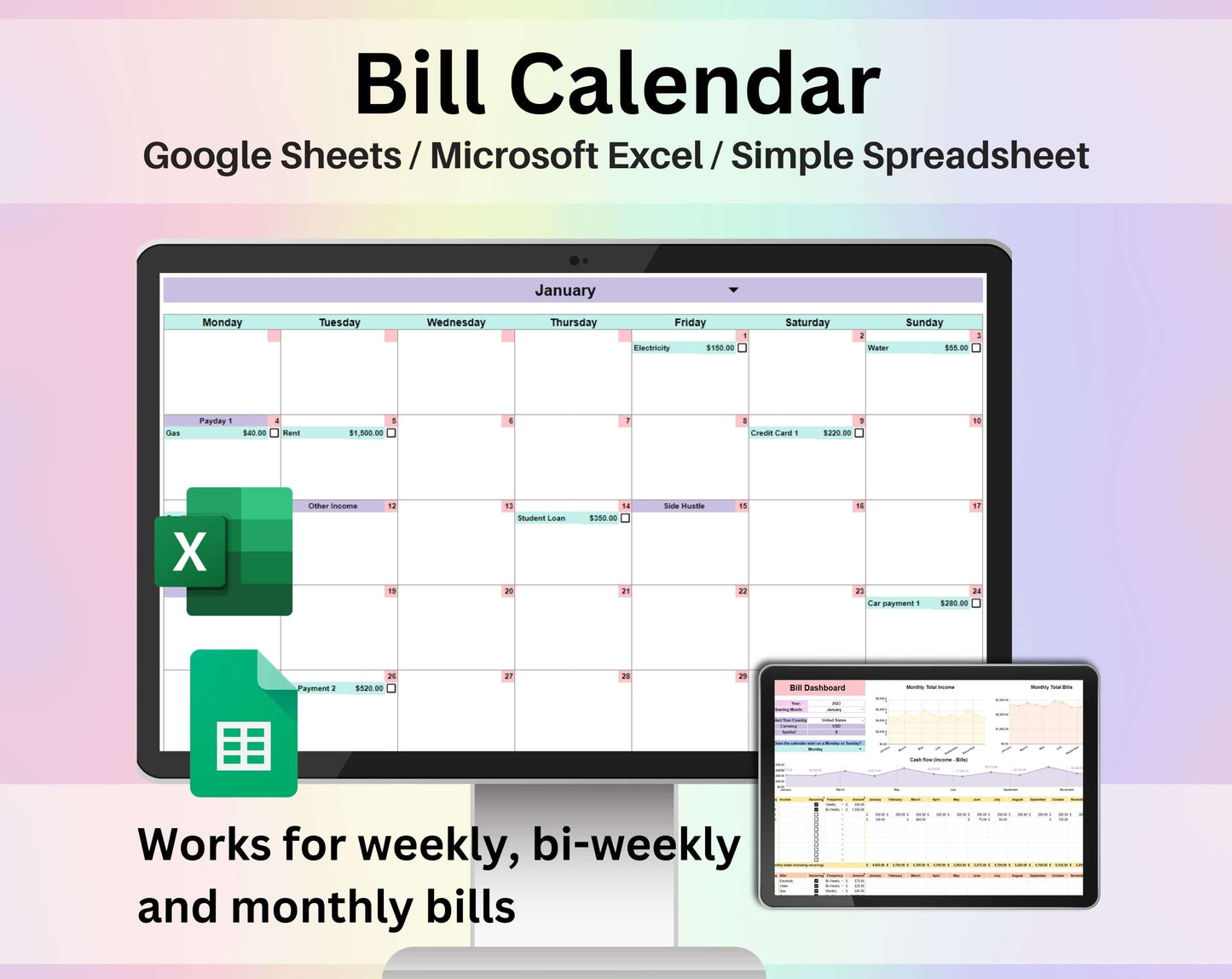 Bill Calendar Spreadsheet Google Sheets and Excel Template Monthly Debt & Bill Payment