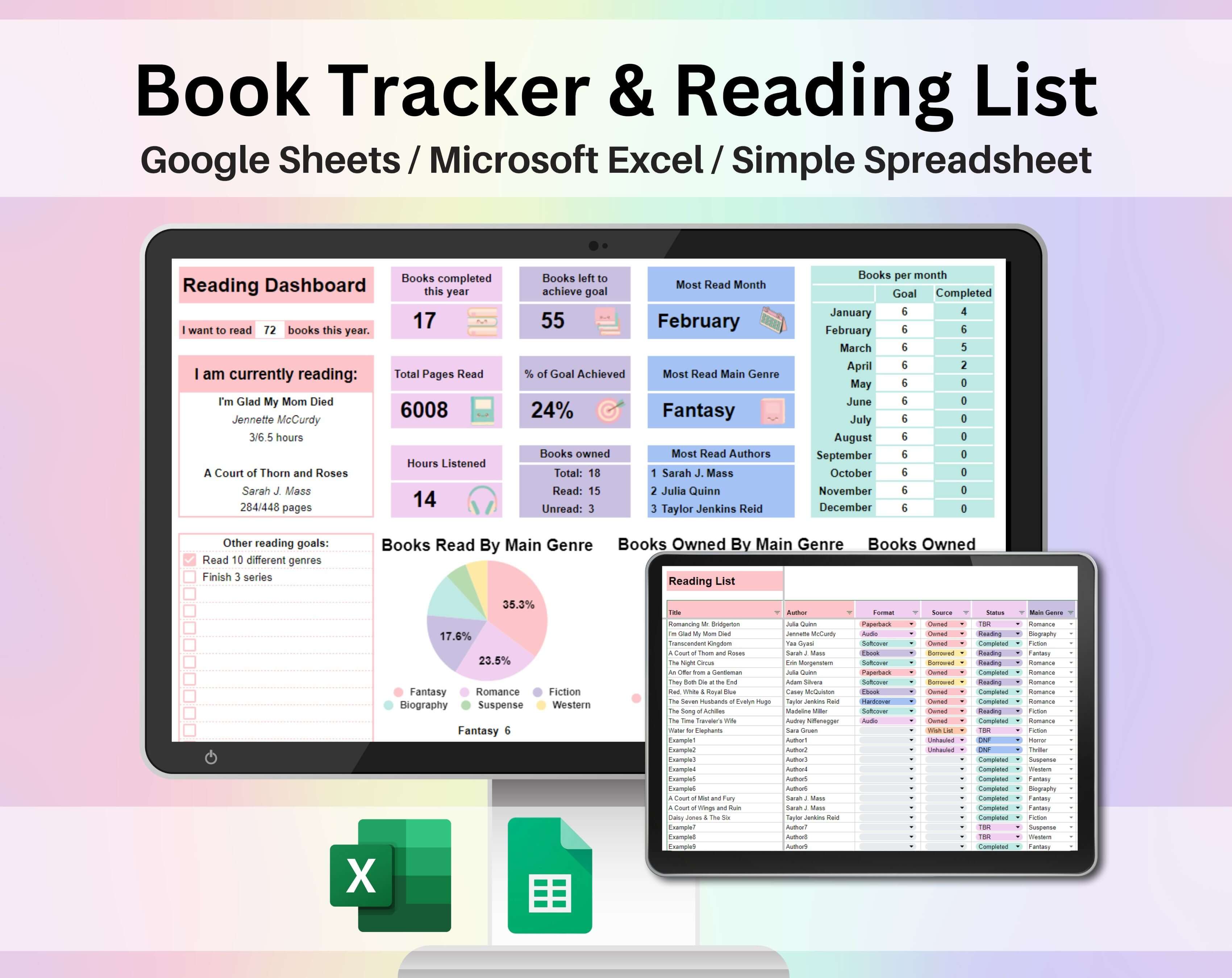 Book Tracker & Reading List Spreadsheet Google Sheets Excel