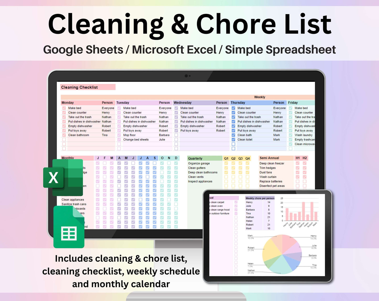 Cleaning & Chore List Spreadsheet Google Sheets and Excel Task Schedule Template