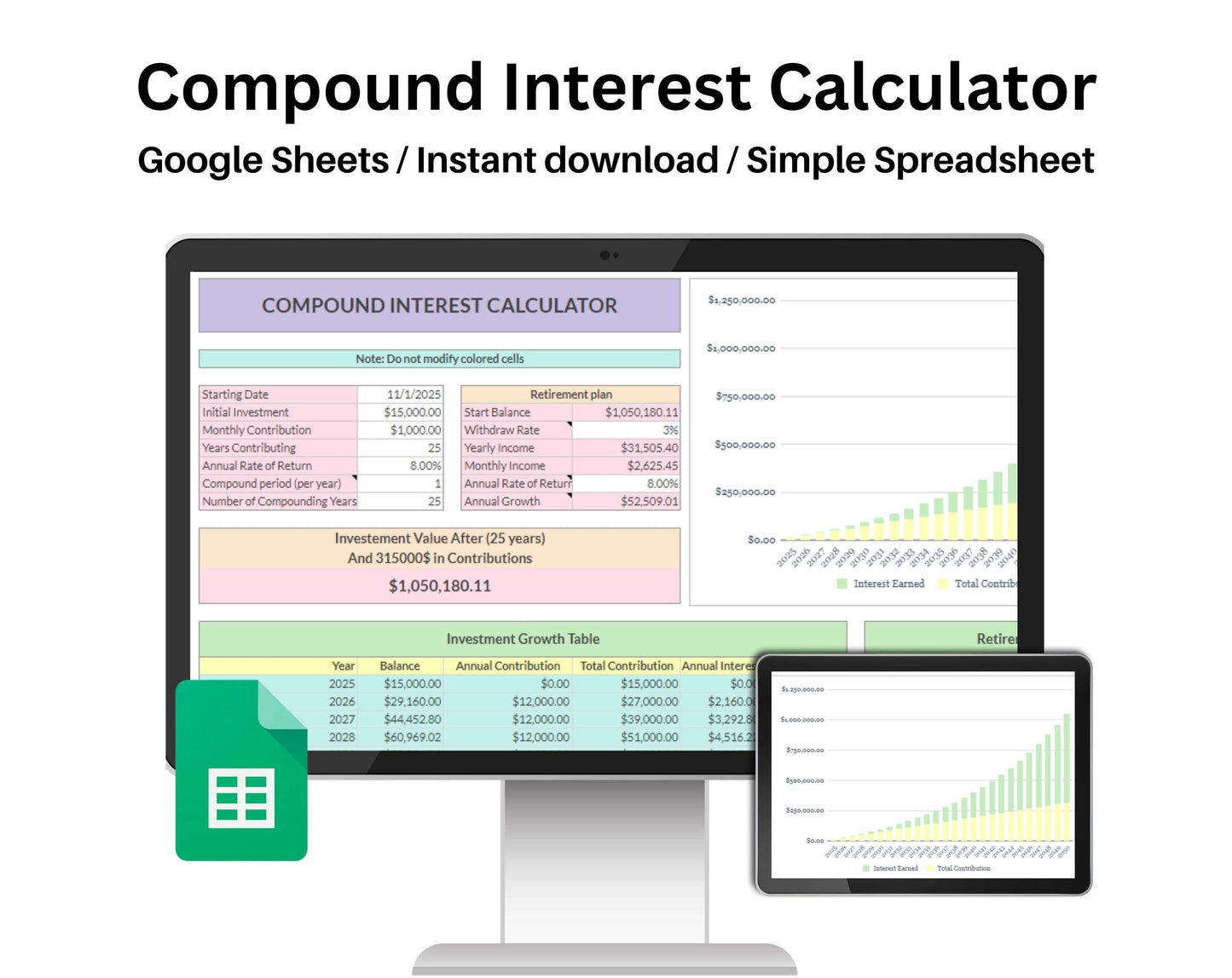 Compound Interest Calculator Spreadsheet Google Sheets Template