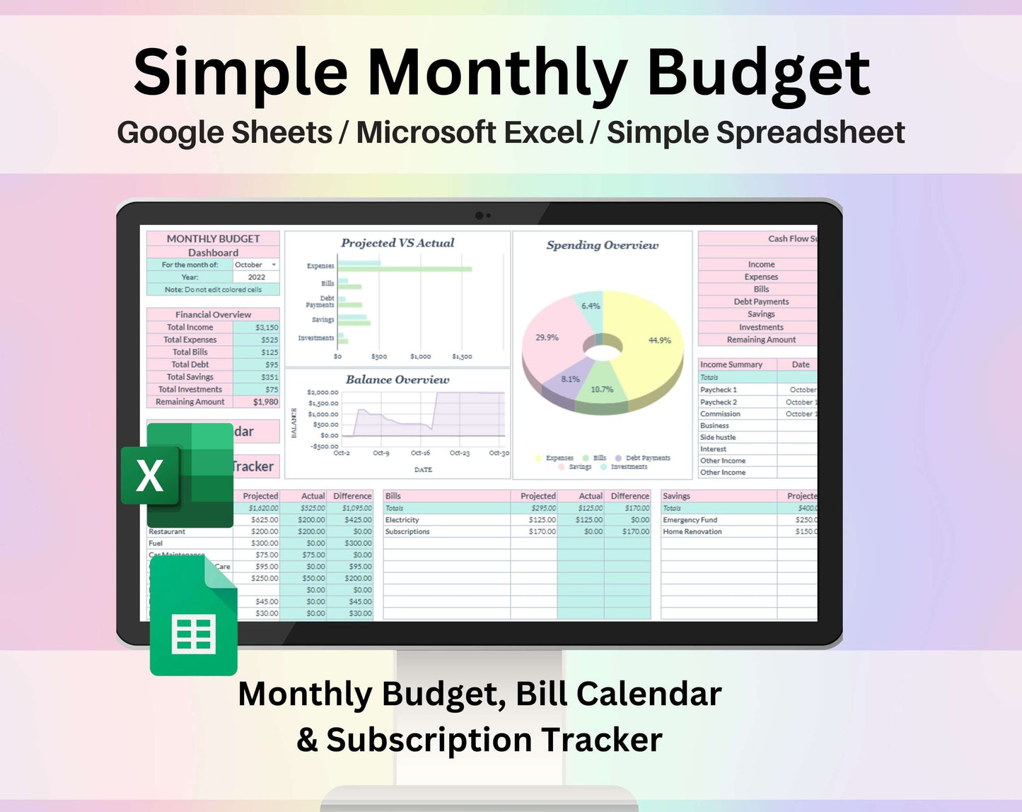 Monthly Budget Spreadsheet Google Sheets and Excel Template