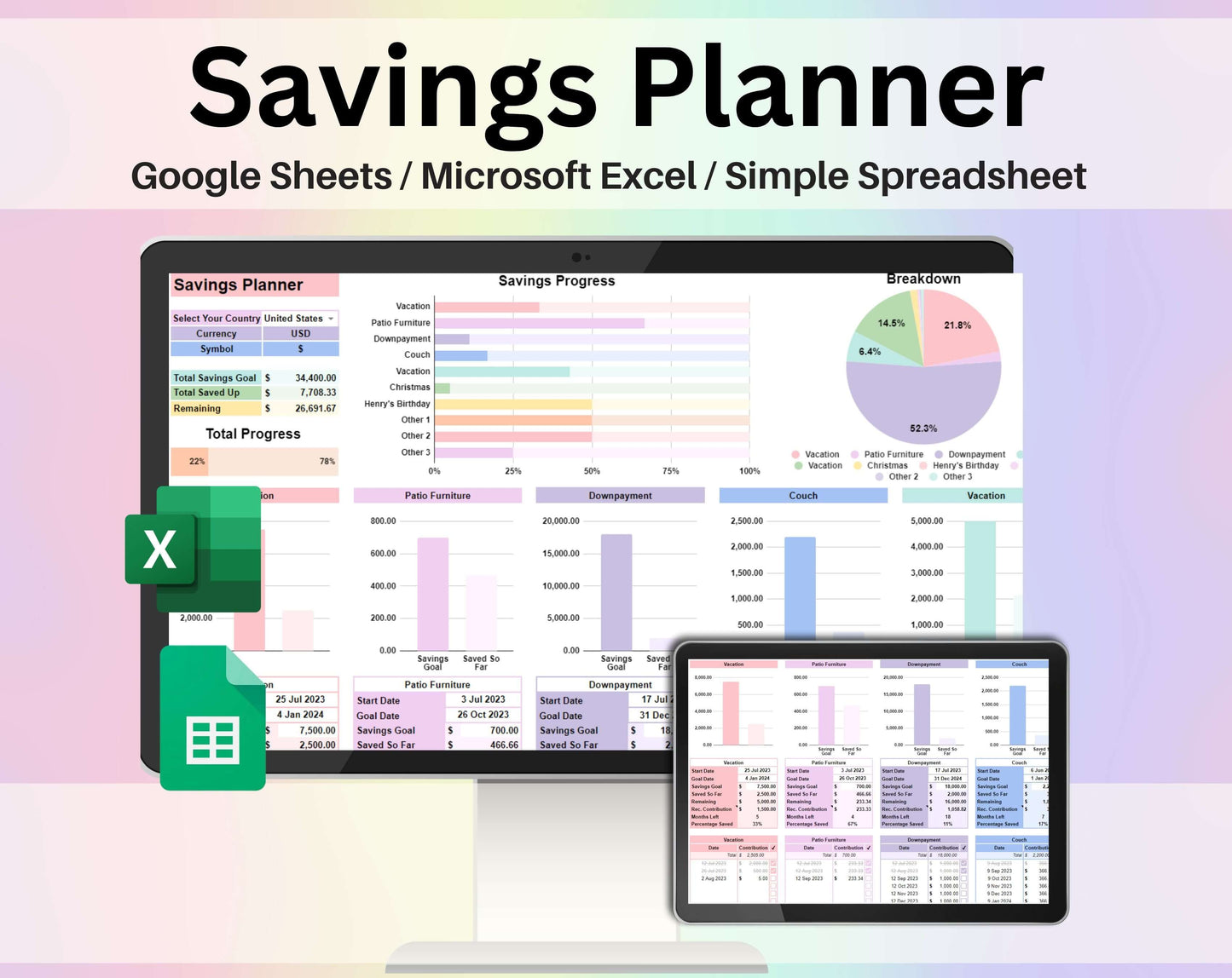 Savings Planner Tracker Spreadsheet Google Sheets and Excel Template