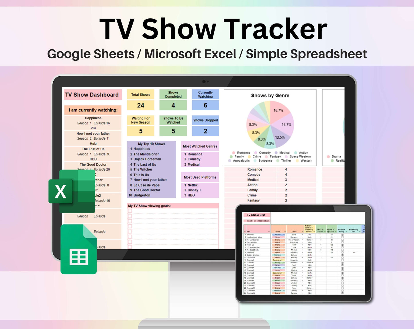 TV Show Tracker Spreadsheet Google Sheets and Excel Television Series Template