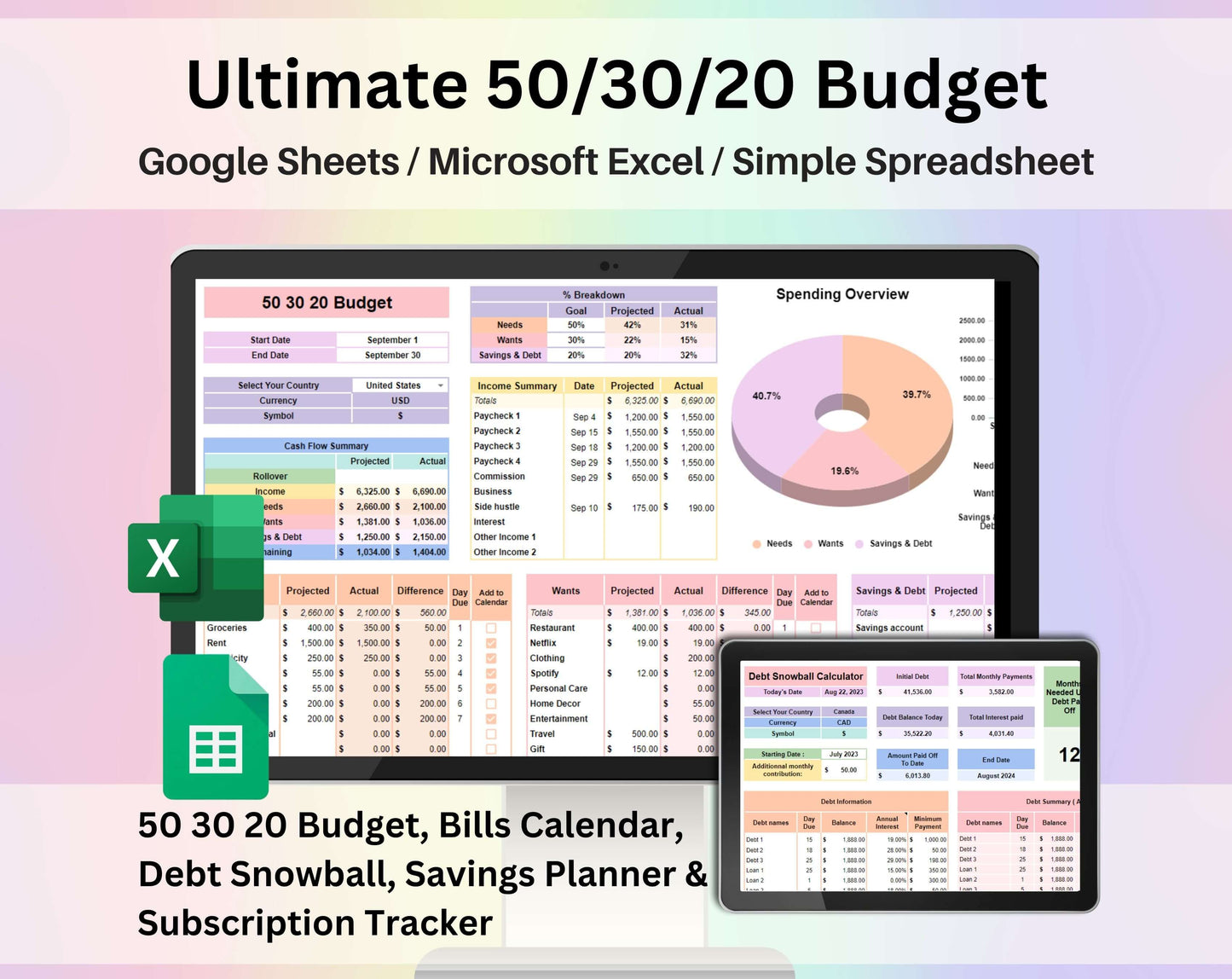 Ultimate 50/30/20 Budget Spreadsheet Google Sheets and Excel Template