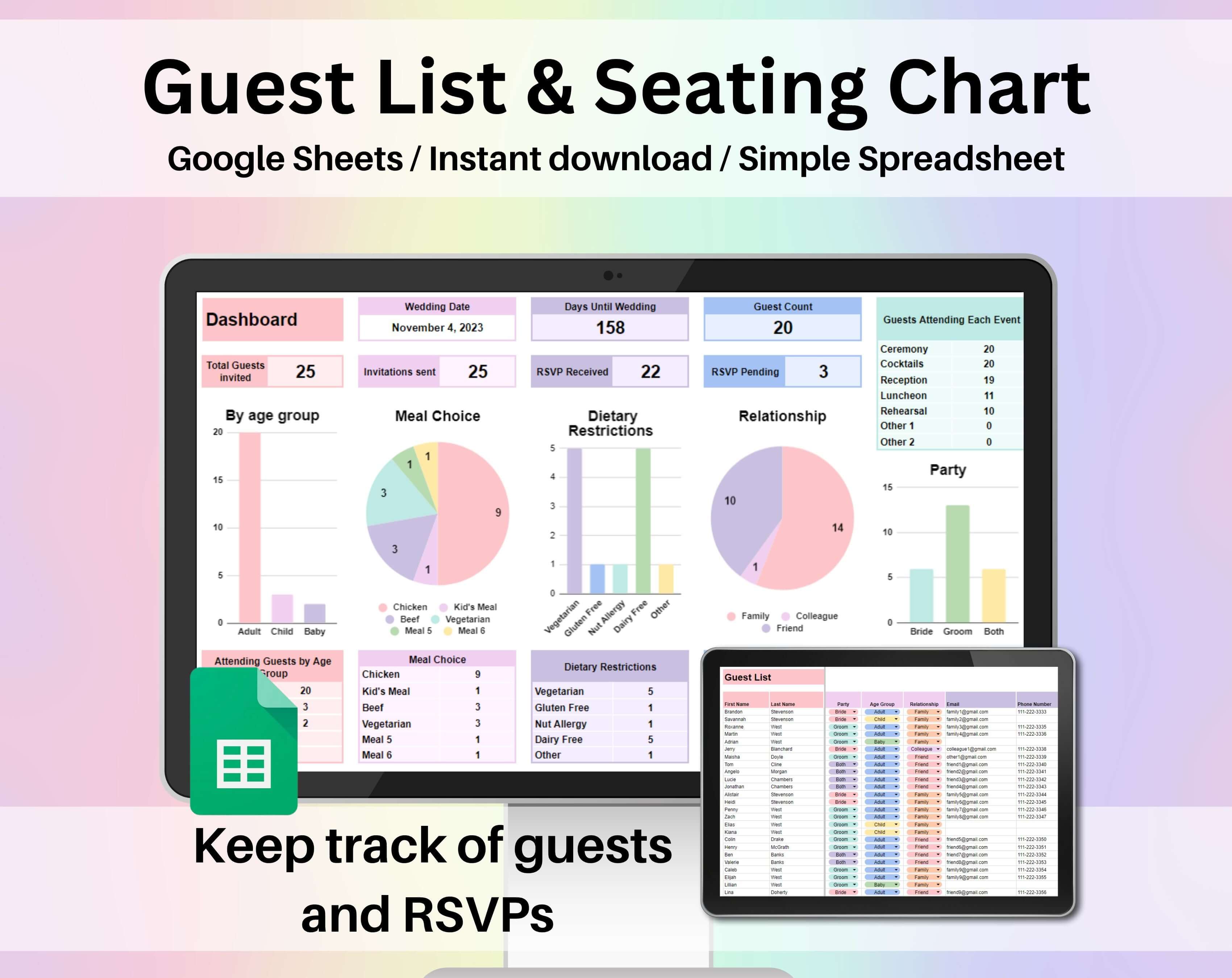 Wedding Guest List & Seating Chart Spreadsheet Google Sheets