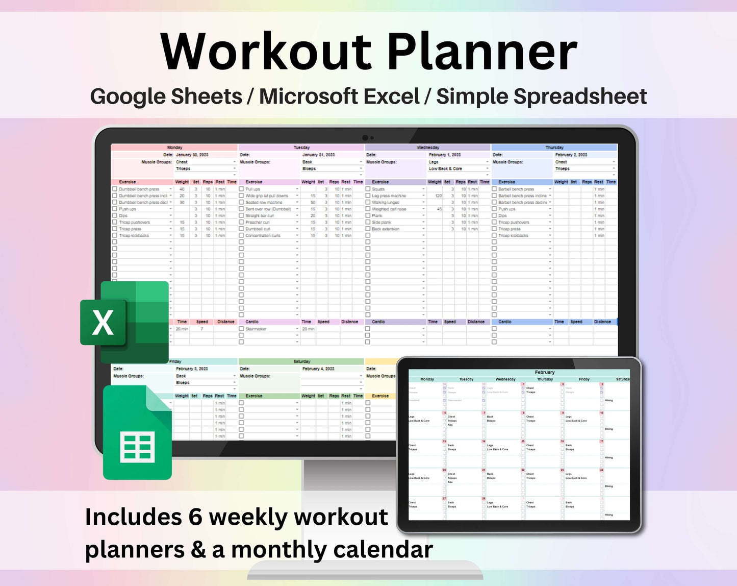 Workout Planner Spreadsheet Google Sheets and Excel Fitness Template