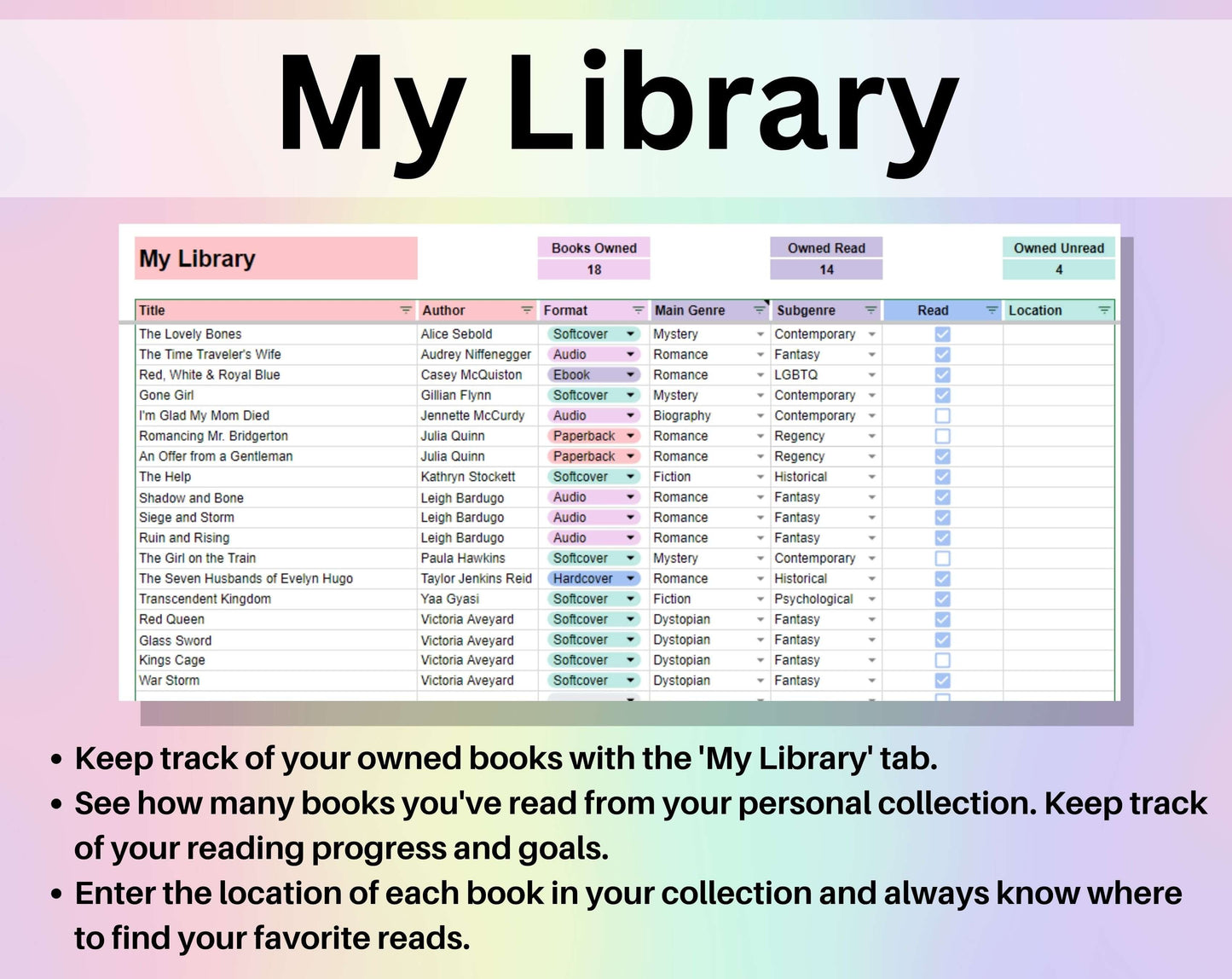 Book Tracker and Reading List in cute pastel colors.