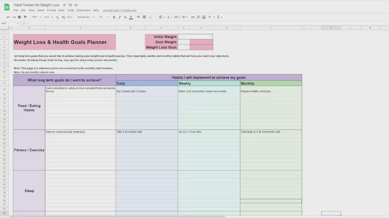 Habit Tracker for Weight Loss & Health Spreadsheet Google Sheets Fitness Diet Routine Planner Weight Tracker Daily Healthy Habit List Weekly