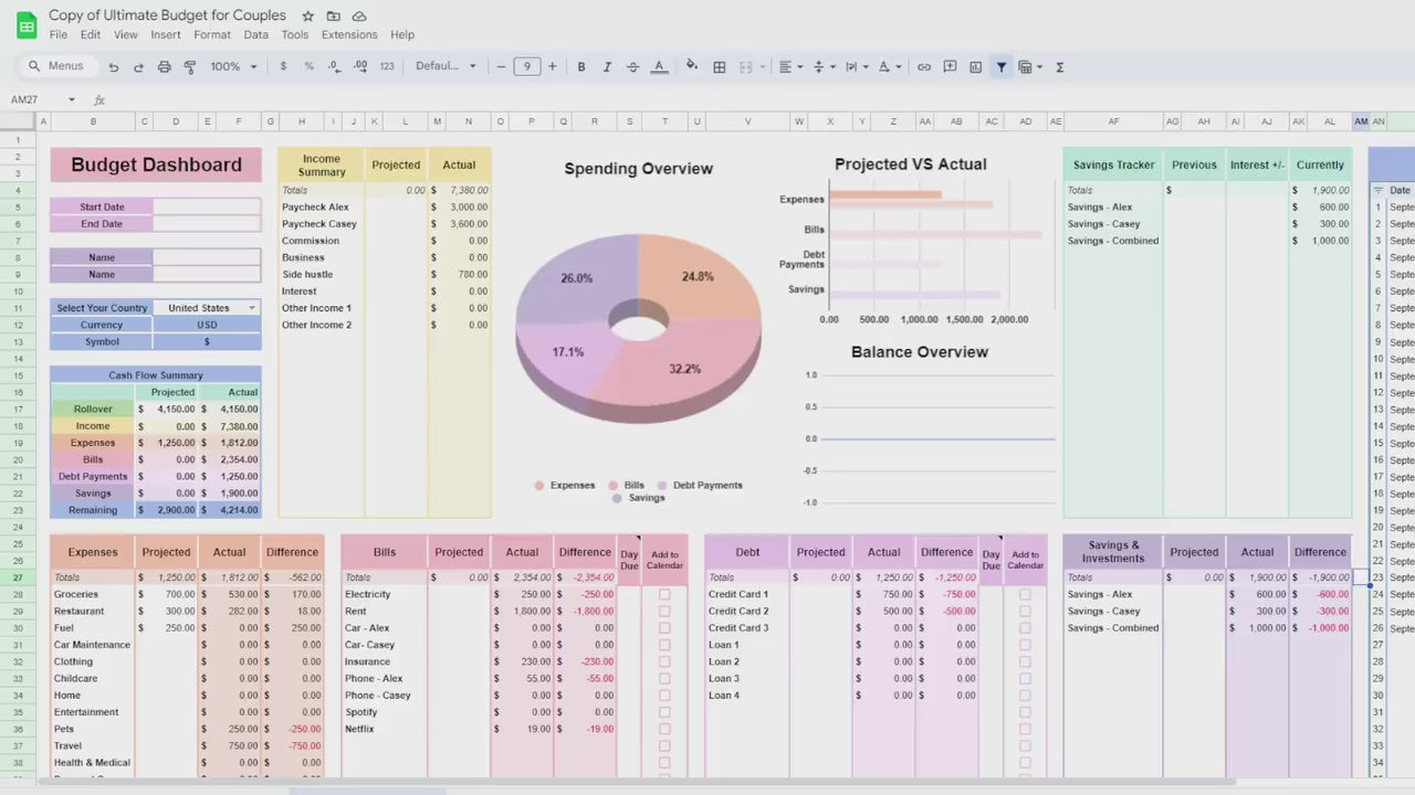 Ultimate Budget for Couples Spreadsheet Google Sheets Excel Template Biweekly Monthly Financial Planner Debt Snowball Subscription Tracker