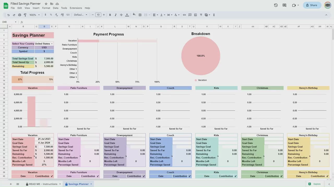 Savings Planner Template Reach Your Financial Goals Tracker Spreadsheet Google Sheets Excel Digital Savings Calculator Saving Fund Worksheet