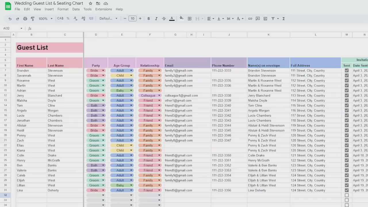 Wedding Guest List & Seating Chart Spreadsheet Google Sheets Wedding Planner Guest Dashboard and Tracker Digital Wedding Tables Number List