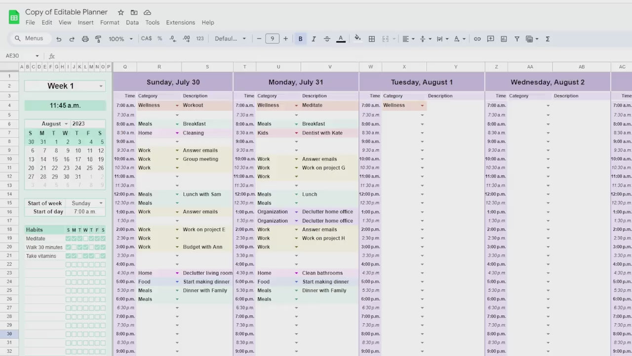 Editable Planner Google Sheets Excel Digital Planner Spreadsheet Daily Weekly Agenda Monthly Yearly Calendar Digital Daily Schedule Template