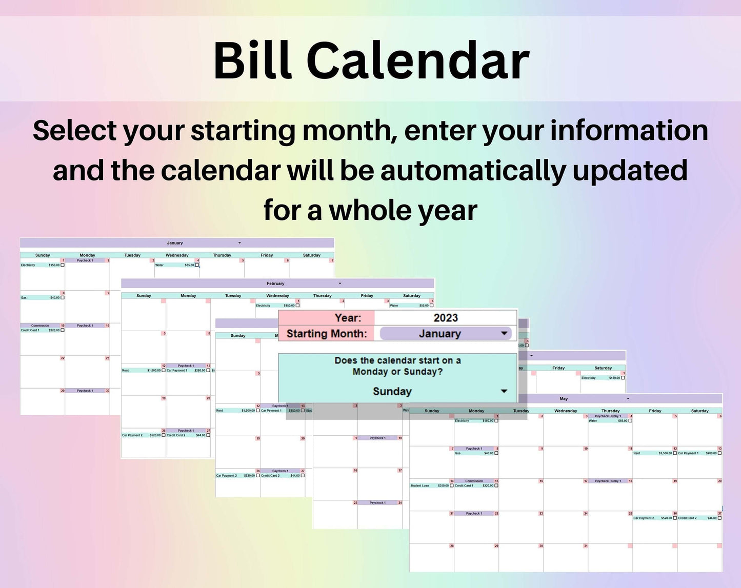 Bill Calendar Spreadsheet Google Sheets Excel Monthly Calendar Debt & Bill Payment Checklist Personal Finance Income Tracker Digital Planner