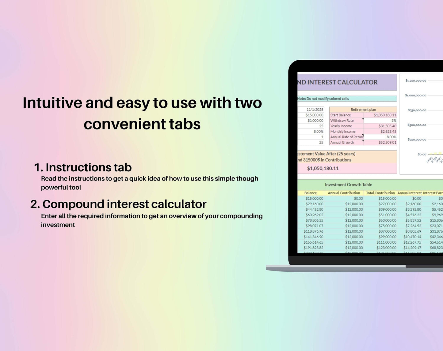 Compound Interest Calculator Spreadsheet, Rainbow Google Sheets Template, Digital Investment Tracker, Finance Planner, Retirement Plan