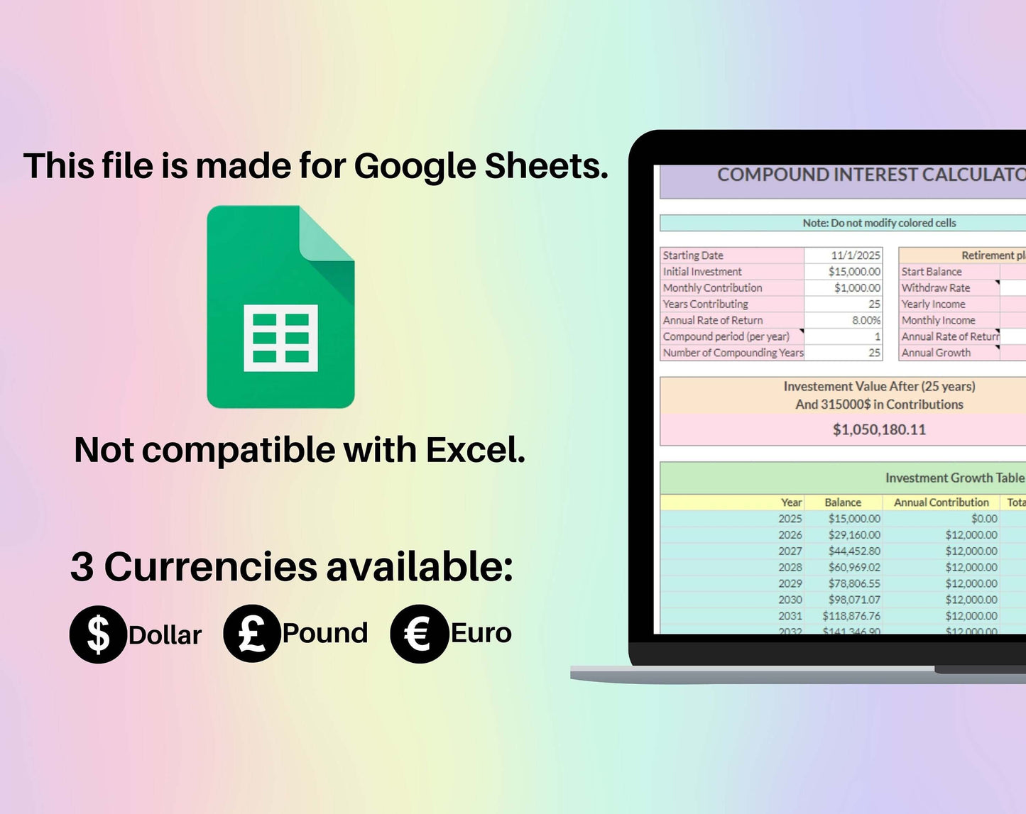 Compound Interest Calculator Spreadsheet, Rainbow Google Sheets Template, Digital Investment Tracker, Finance Planner, Retirement Plan