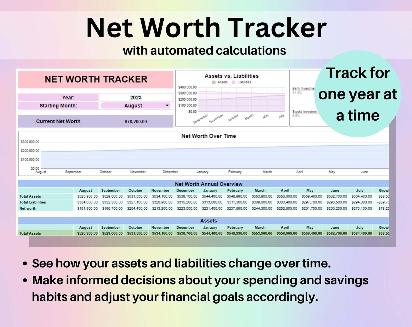 Net Worth Tracker Spreadsheet Google Sheets Template Digital Net Worth Calculator Personal Finance Planner Assets & Liabilities Template