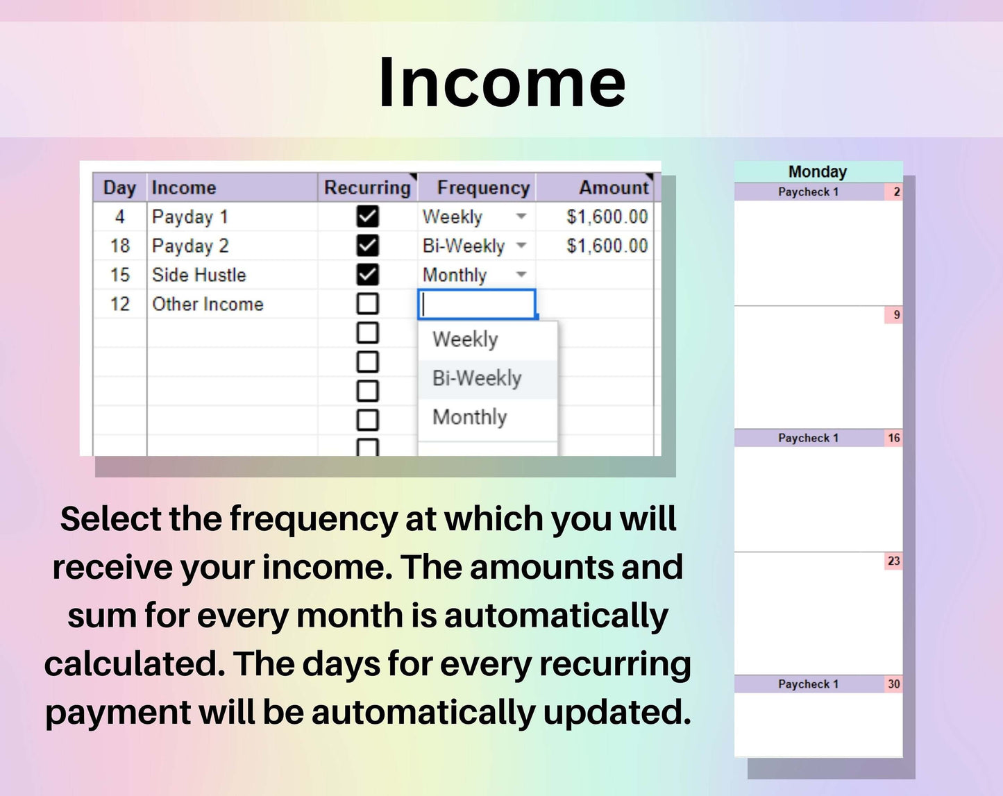 Bill Calendar Spreadsheet Google Sheets Excel Monthly Calendar Debt & Bill Payment Checklist Personal Finance Income Tracker Digital Planner
