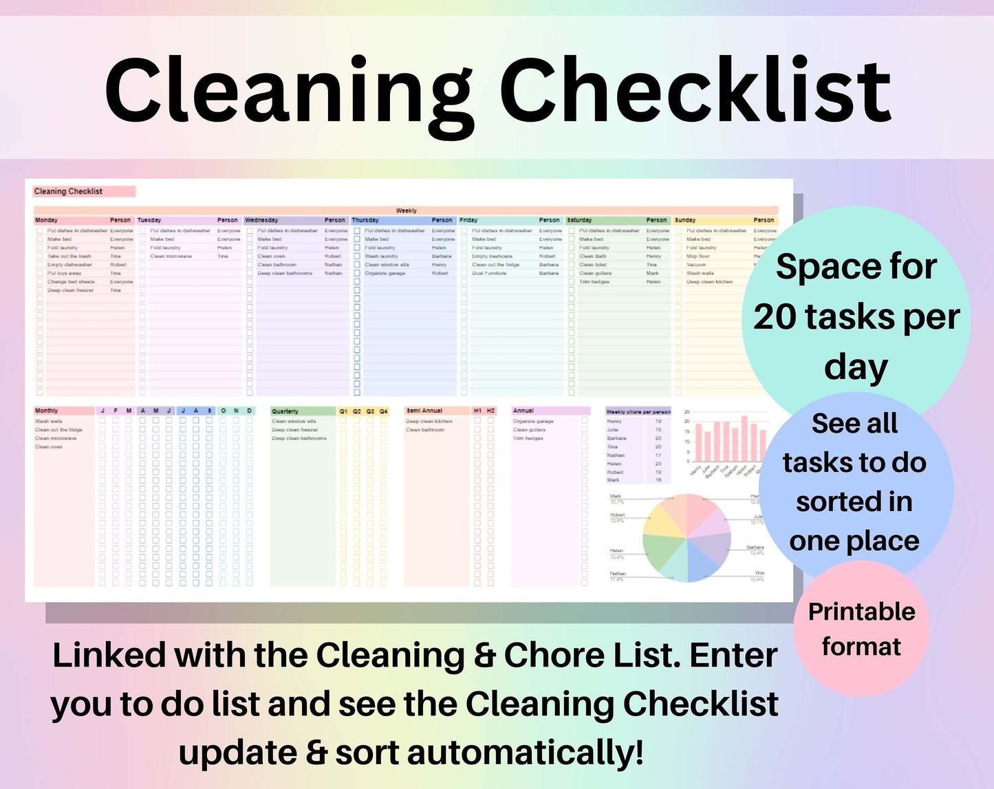 Cleaning & Chore List Spreadsheet Google Sheets Excel Household Task Distribution Schedule Cleaning Checklist Weekly To-Do Calendar Template