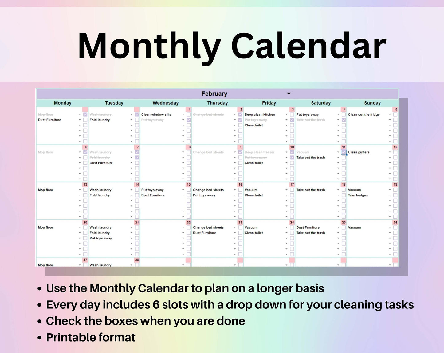 Cleaning & Chore List Spreadsheet Google Sheets Excel Household Task Distribution Schedule Cleaning Checklist Weekly To-Do Calendar Template