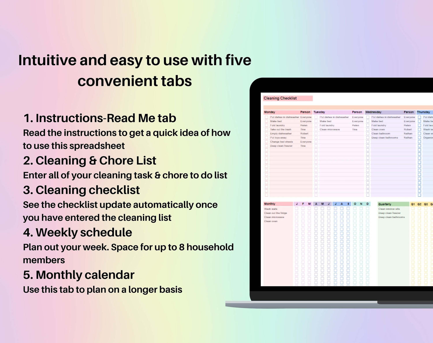 Cleaning & Chore List Spreadsheet Google Sheets Excel Household Task Distribution Schedule Cleaning Checklist Weekly To-Do Calendar Template
