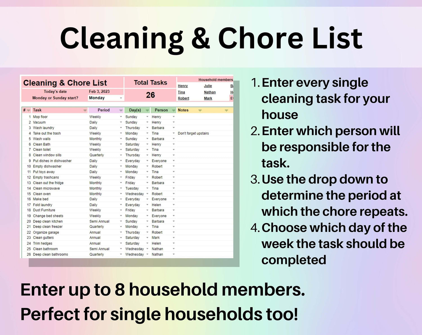 Cleaning & Chore List Spreadsheet Google Sheets Excel Household Task Distribution Schedule Cleaning Checklist Weekly To-Do Calendar Template