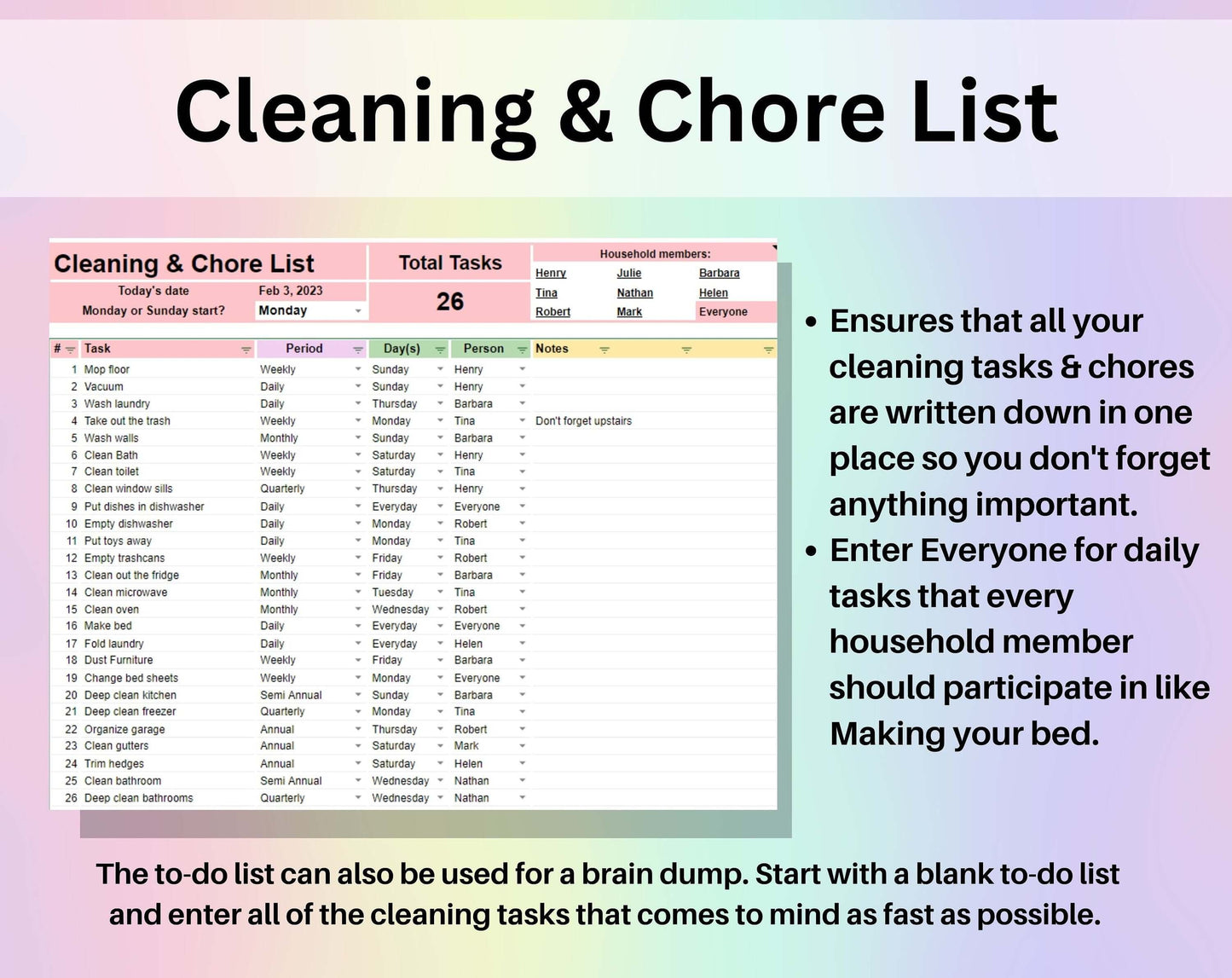 Cleaning & Chore List Spreadsheet Google Sheets Excel Household Task Distribution Schedule Cleaning Checklist Weekly To-Do Calendar Template