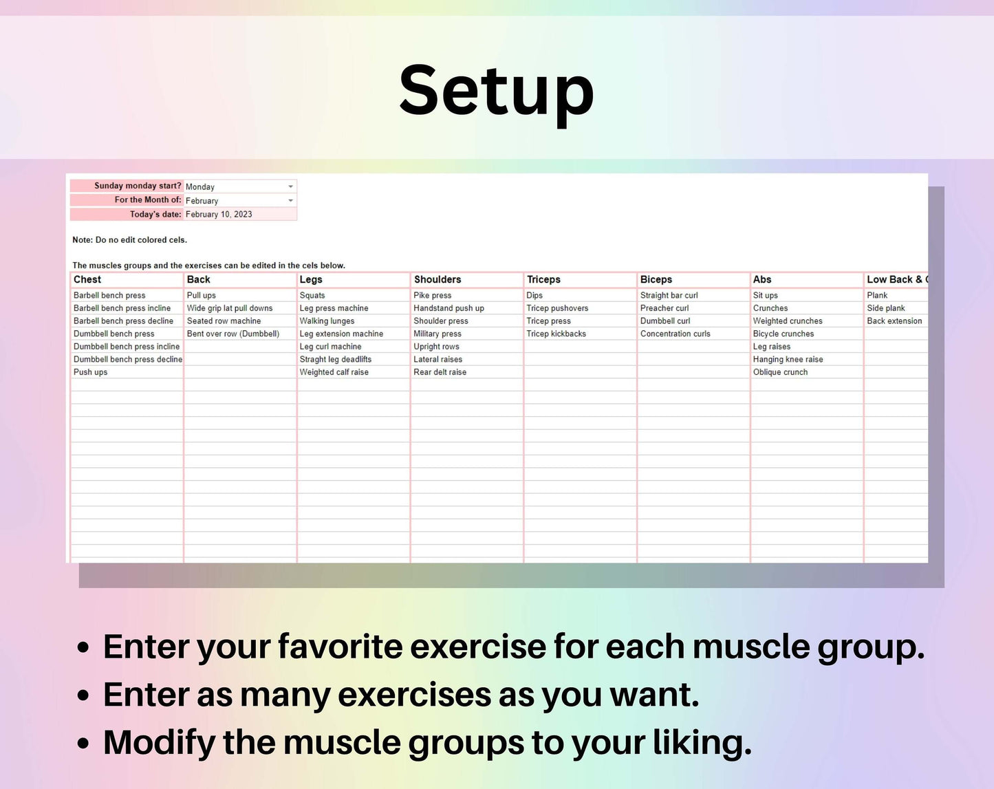 Workout Planner Spreadsheet Google Sheets Excel Exercise Tracker Gym Checklist Fitness Template Weightlifting Strength Training Pilates