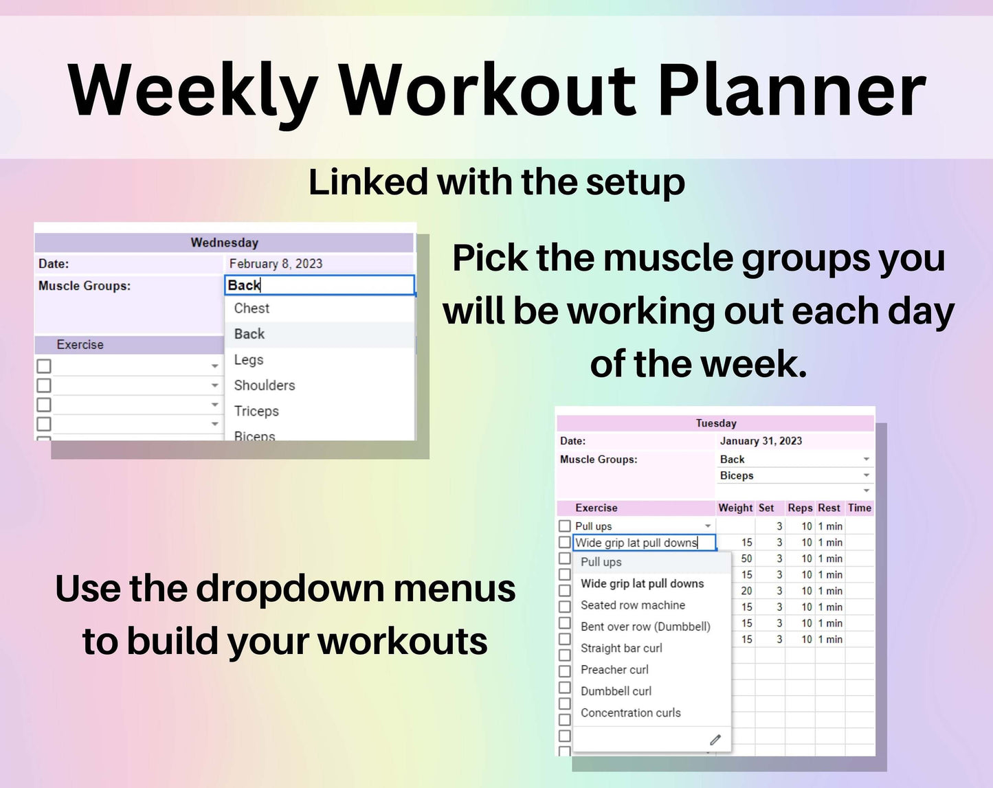 Workout Planner Spreadsheet Google Sheets Excel Exercise Tracker Gym Checklist Fitness Template Weightlifting Strength Training Pilates