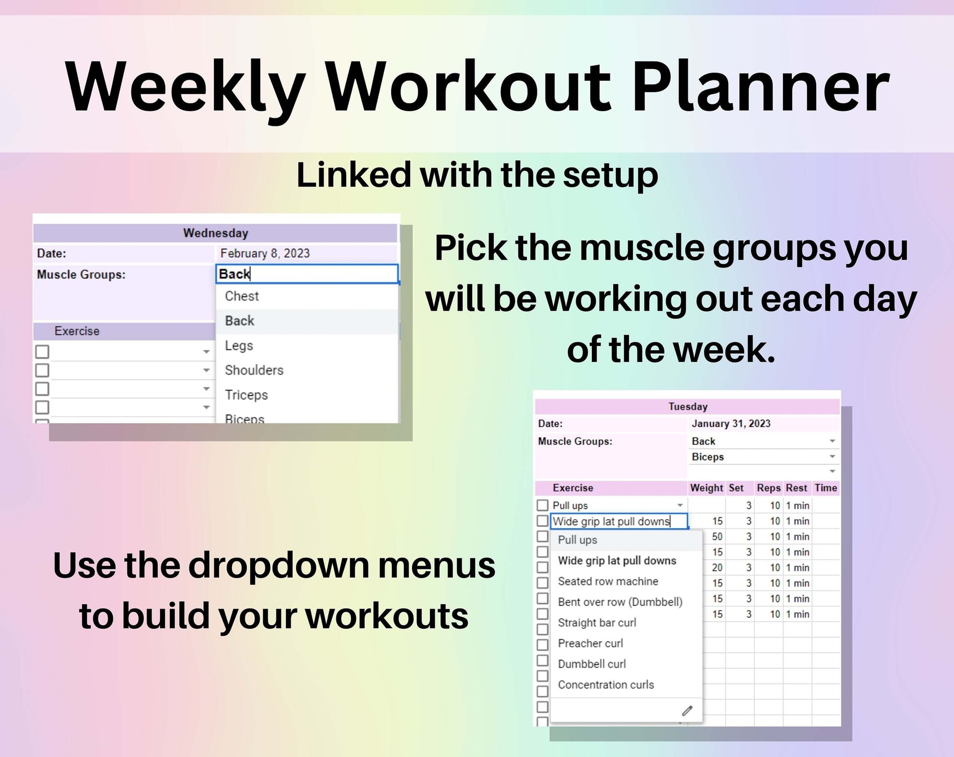 Workout Planner Spreadsheet Google Sheets Excel Exercise Tracker Gym Checklist Fitness Template Weightlifting Strength Training Pilates
