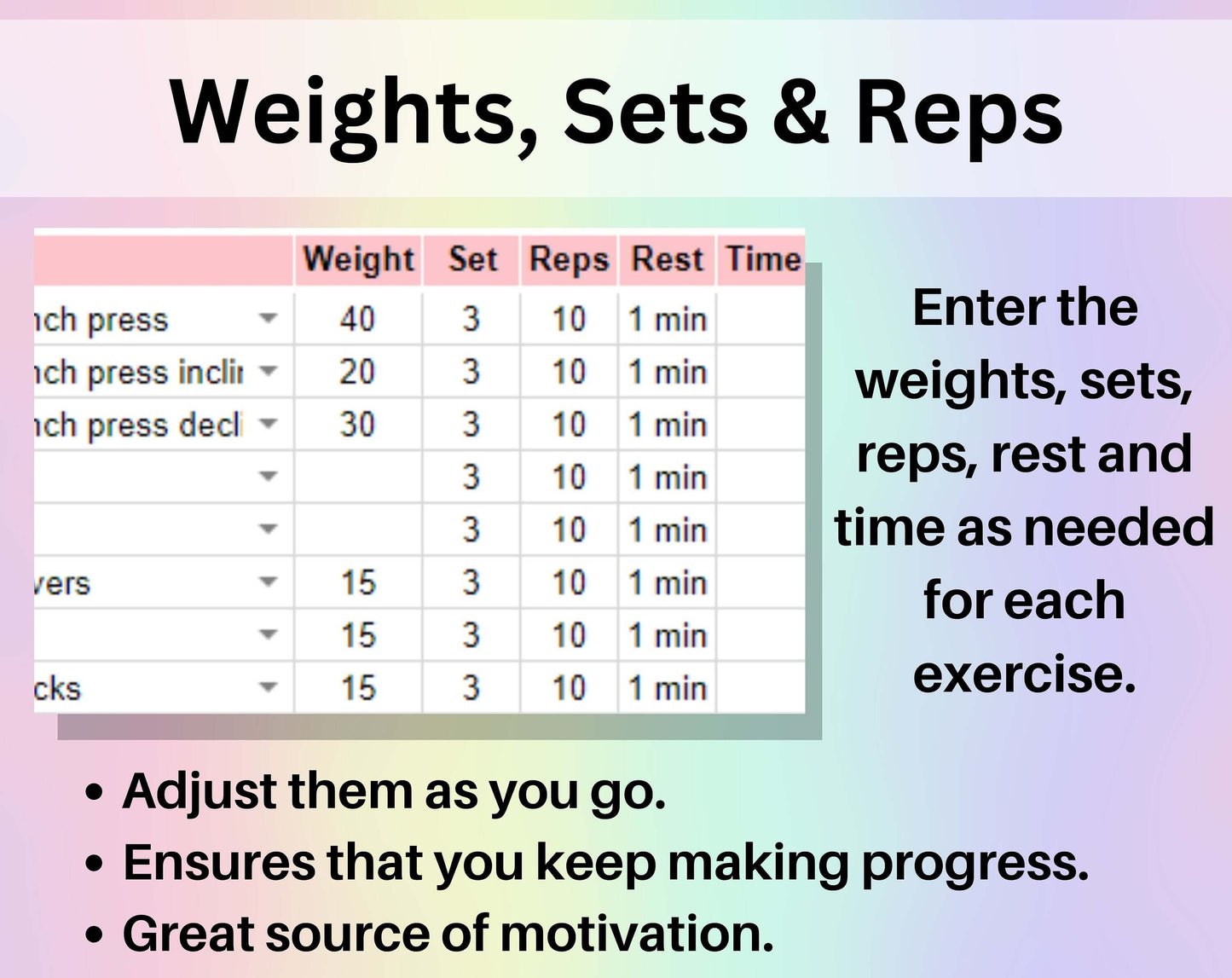 Workout Planner Spreadsheet Google Sheets Excel Exercise Tracker Gym Checklist Fitness Template Weightlifting Strength Training Pilates