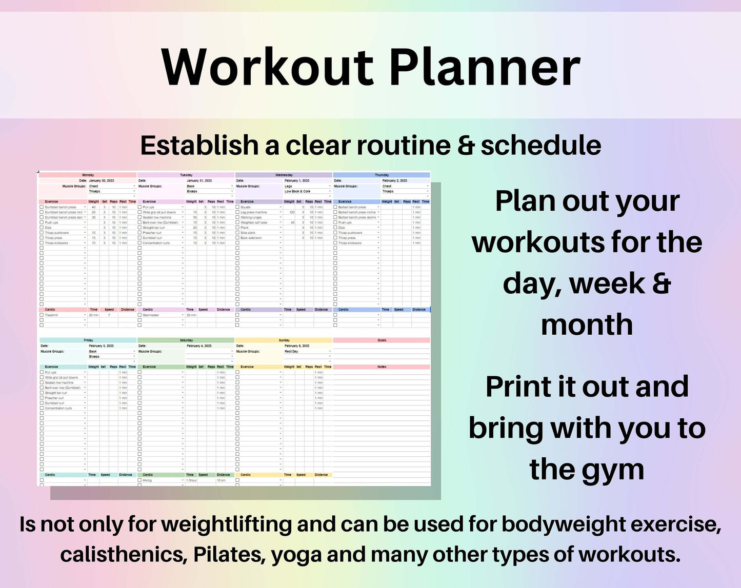 Workout Planner Spreadsheet Google Sheets Excel Exercise Tracker Gym Checklist Fitness Template Weightlifting Strength Training Pilates