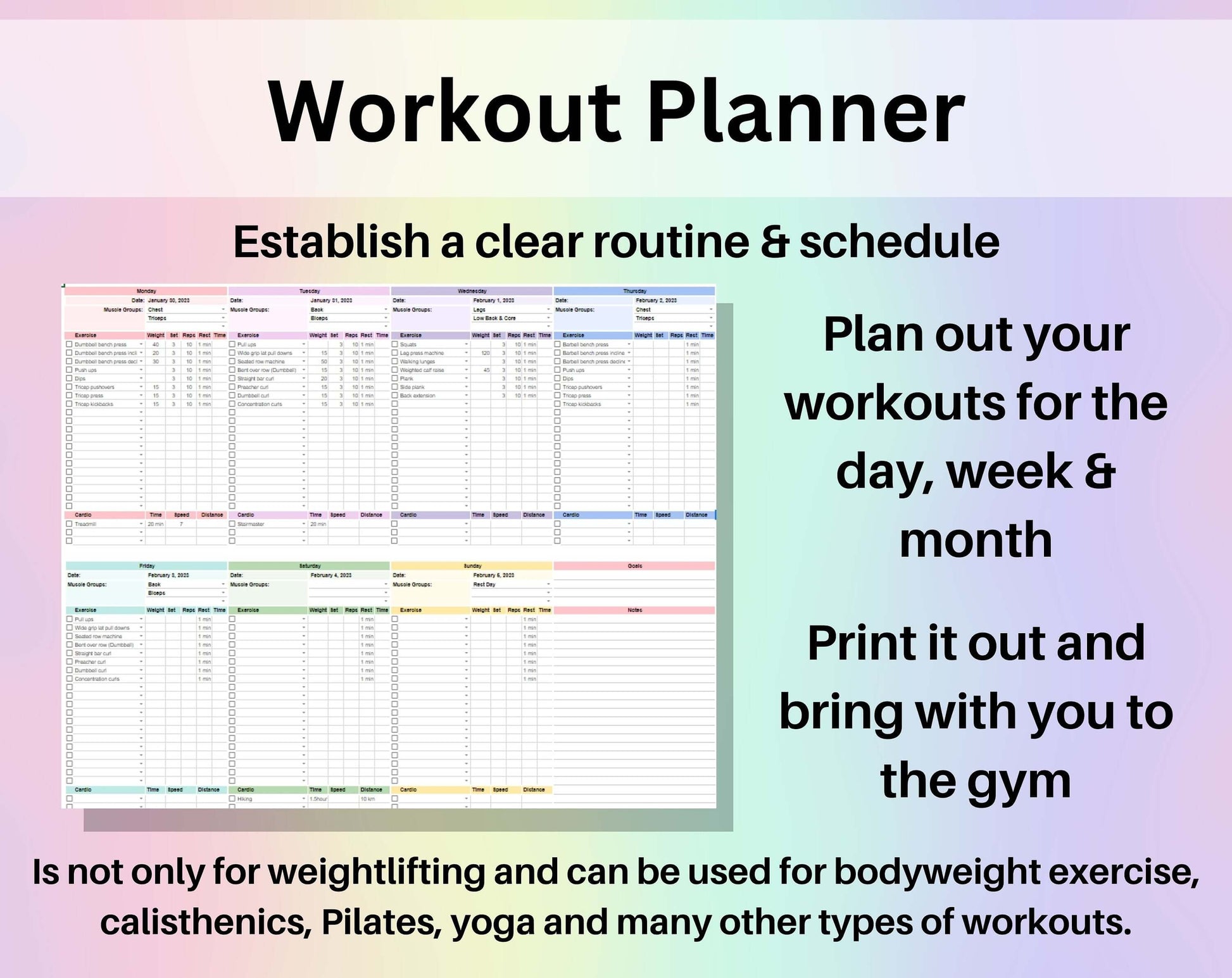 Workout Planner Spreadsheet Google Sheets Excel Exercise Tracker Gym Checklist Fitness Template Weightlifting Strength Training Pilates