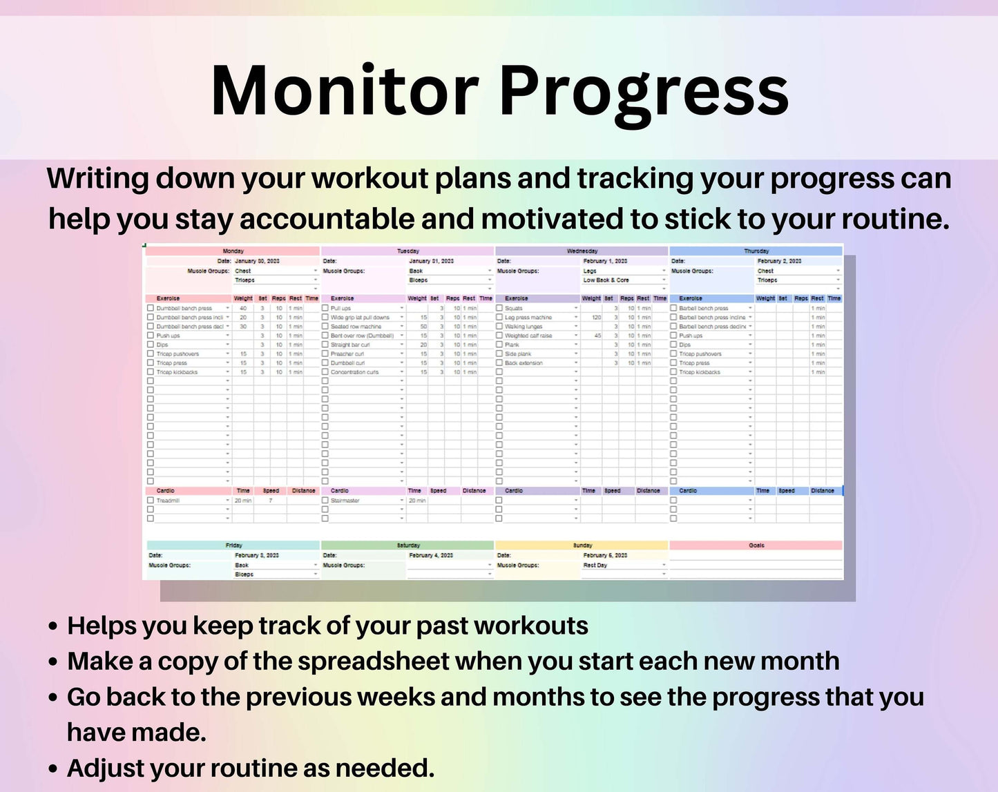 Workout Planner Spreadsheet Google Sheets Excel Exercise Tracker Gym Checklist Fitness Template Weightlifting Strength Training Pilates