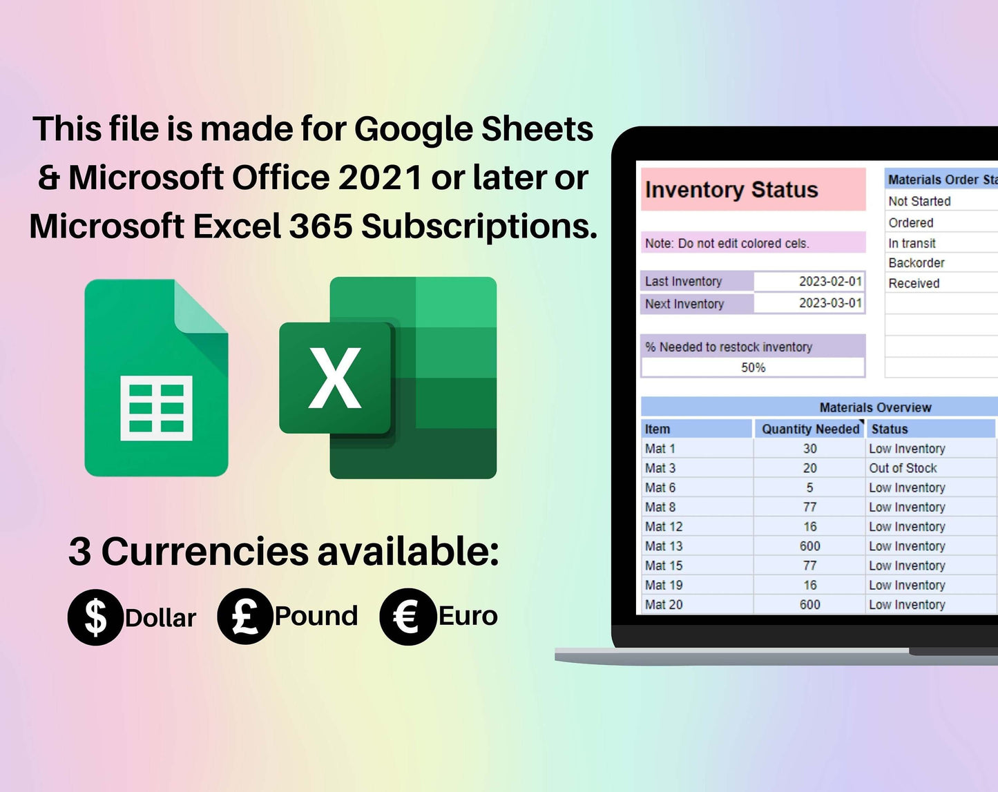 Inventory Tracker & Manager Small Business Spreadsheet Google Sheets Template Digital Materials and Products Overview Inventory Management