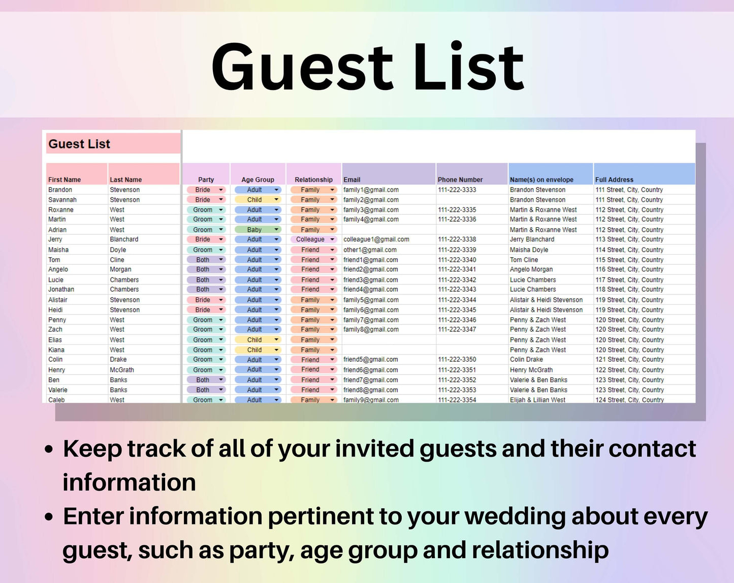 Wedding Guest List & Seating Chart Spreadsheet Google Sheets Wedding Planner Guest Dashboard and Tracker Digital Wedding Tables Number List