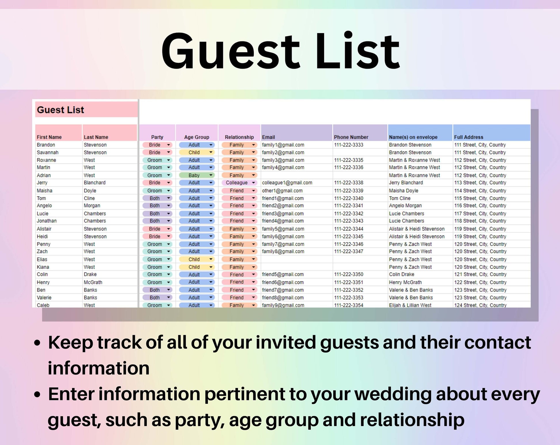 Wedding Guest List & Seating Chart Spreadsheet Google Sheets Wedding Planner Guest Dashboard and Tracker Digital Wedding Tables Number List