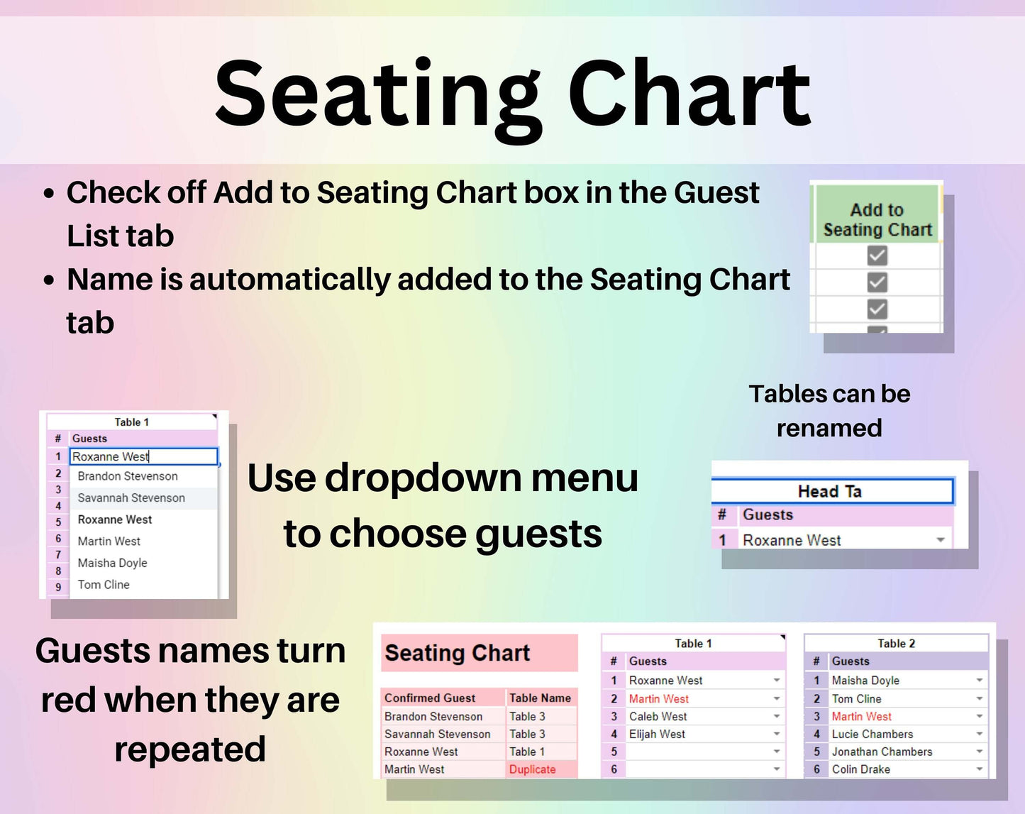 Wedding Guest List & Seating Chart Spreadsheet Google Sheets Wedding Planner Guest Dashboard and Tracker Digital Wedding Tables Number List